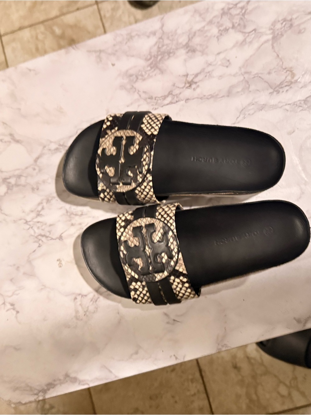 Tory Burch Black & Natural Snake-Print Logo Slide Sandals